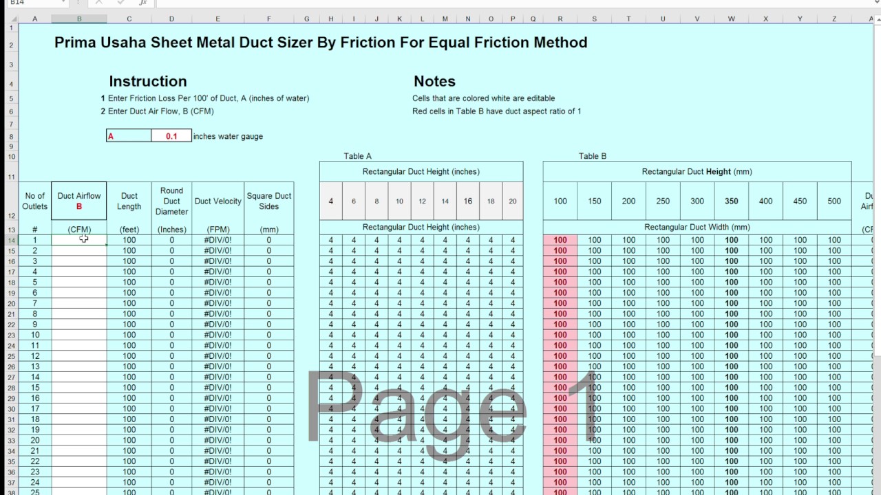 duct sizing excel program